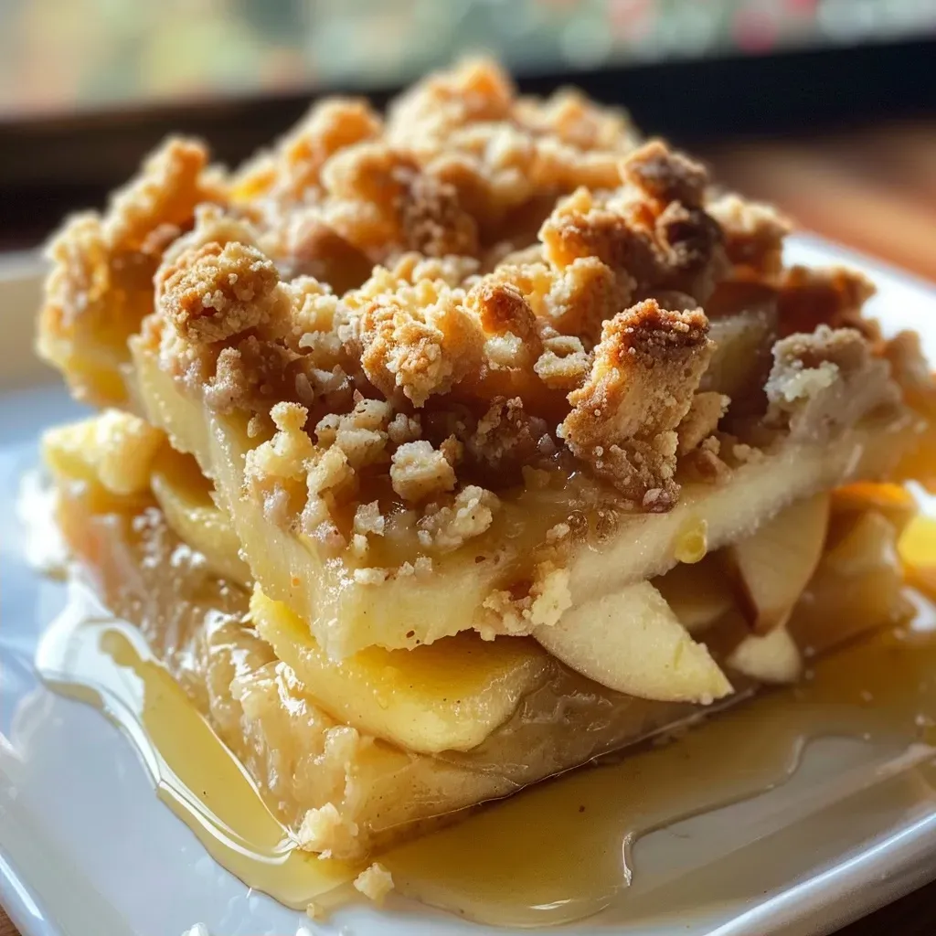 Cuadrados de manzana con crumble recién horneados.