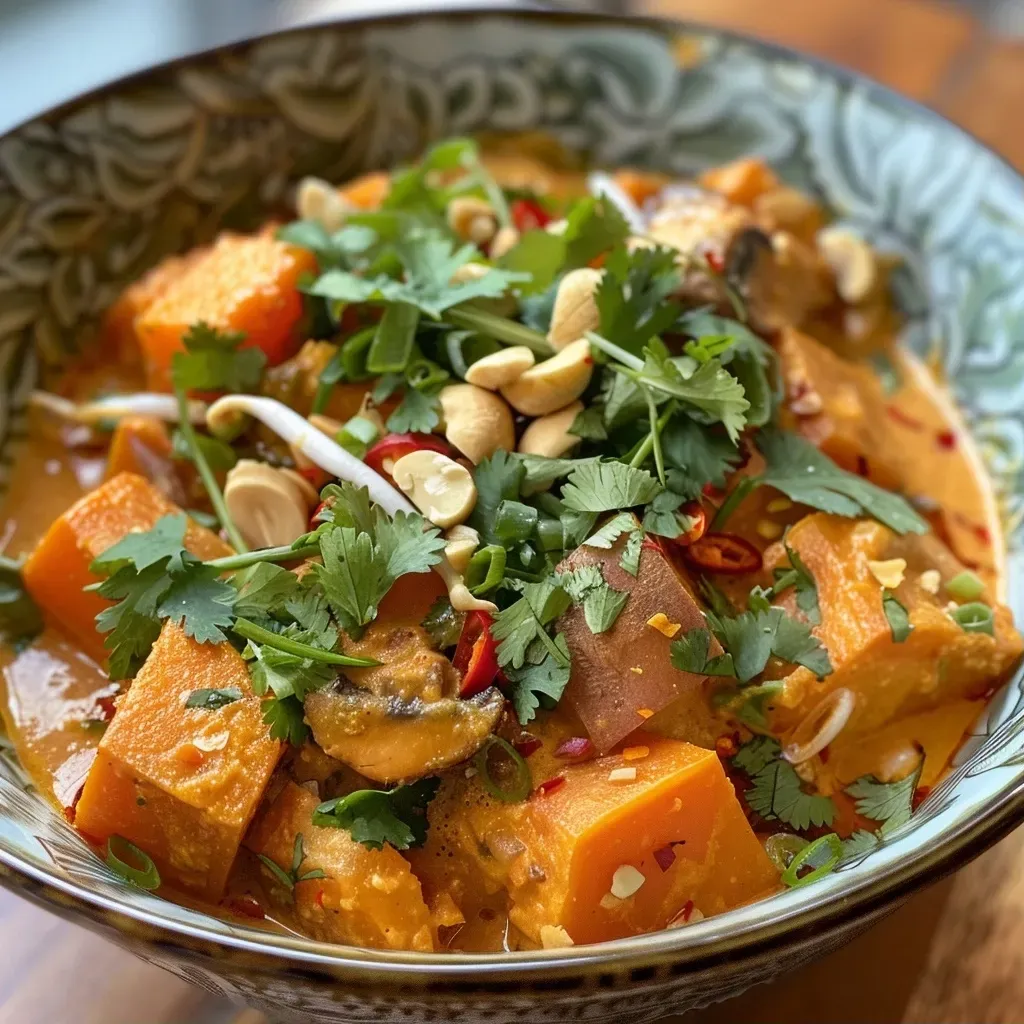 ['Curry de batata tailandés servido en un plato.', 'Primer plano de curry rojo de batata con ingredientes frescos.', 'Curry tailandés de batatas con una textura cremosa.', 'Tazón de curry de batata con coloridos ingredientes.']