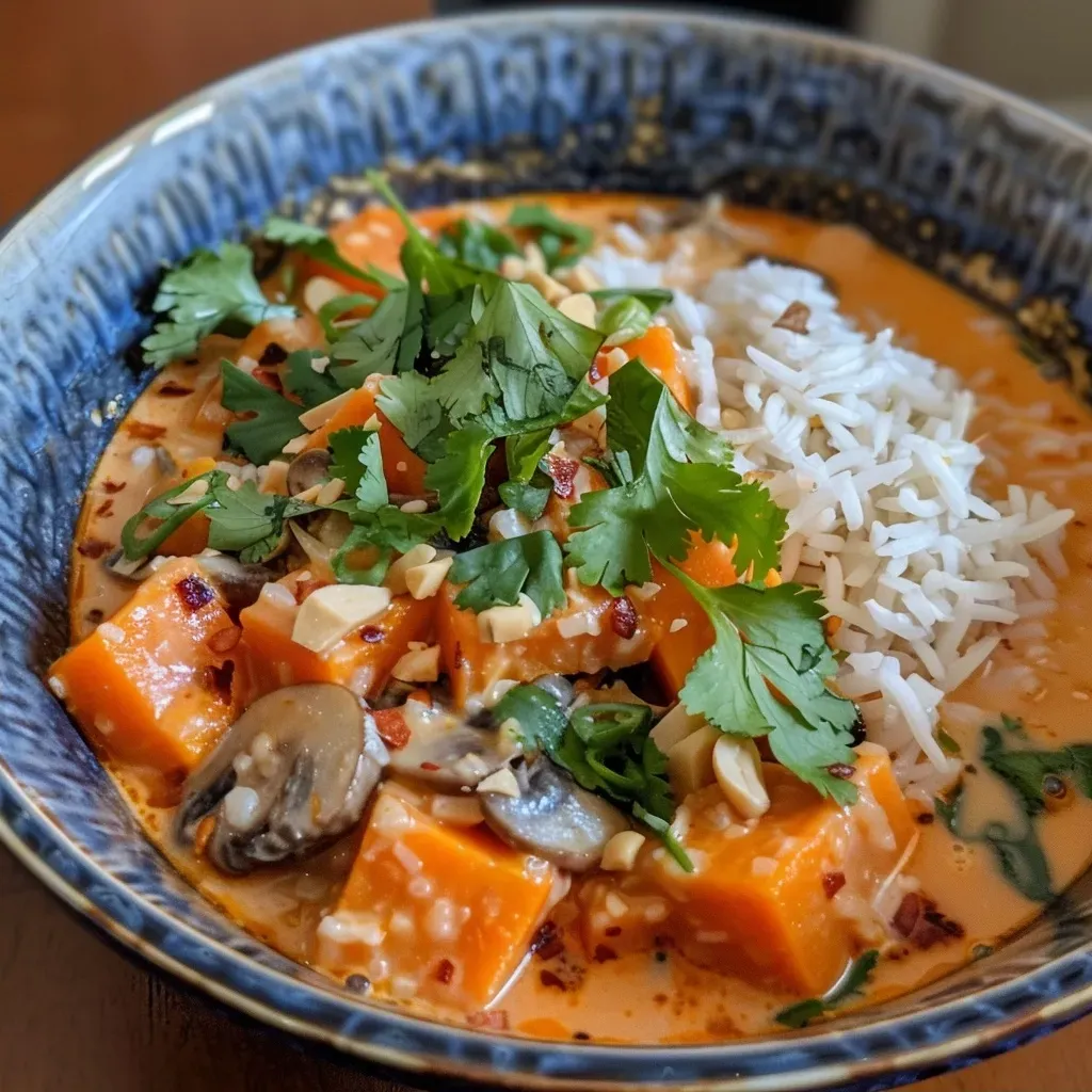 Curry de batata tailandés servido en un plato.