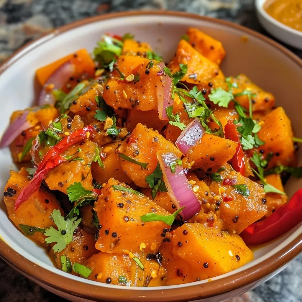 ['Curry de calabaza tailandés en un plato, con cúrcuma y coco.', 'Primer plano de curry de calabaza en un tazón, decorado con hierbas.', 'Plato de curry tailandés con calabaza, ingredientes frescos visibles.', 'Curry de calabaza con leche de coco, colorido y apetitoso.']