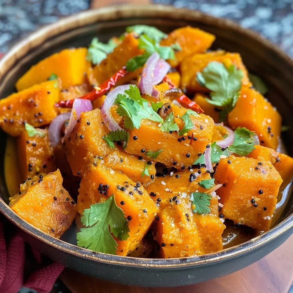 Curry de calabaza tailandés en un plato, con cúrcuma y coco.