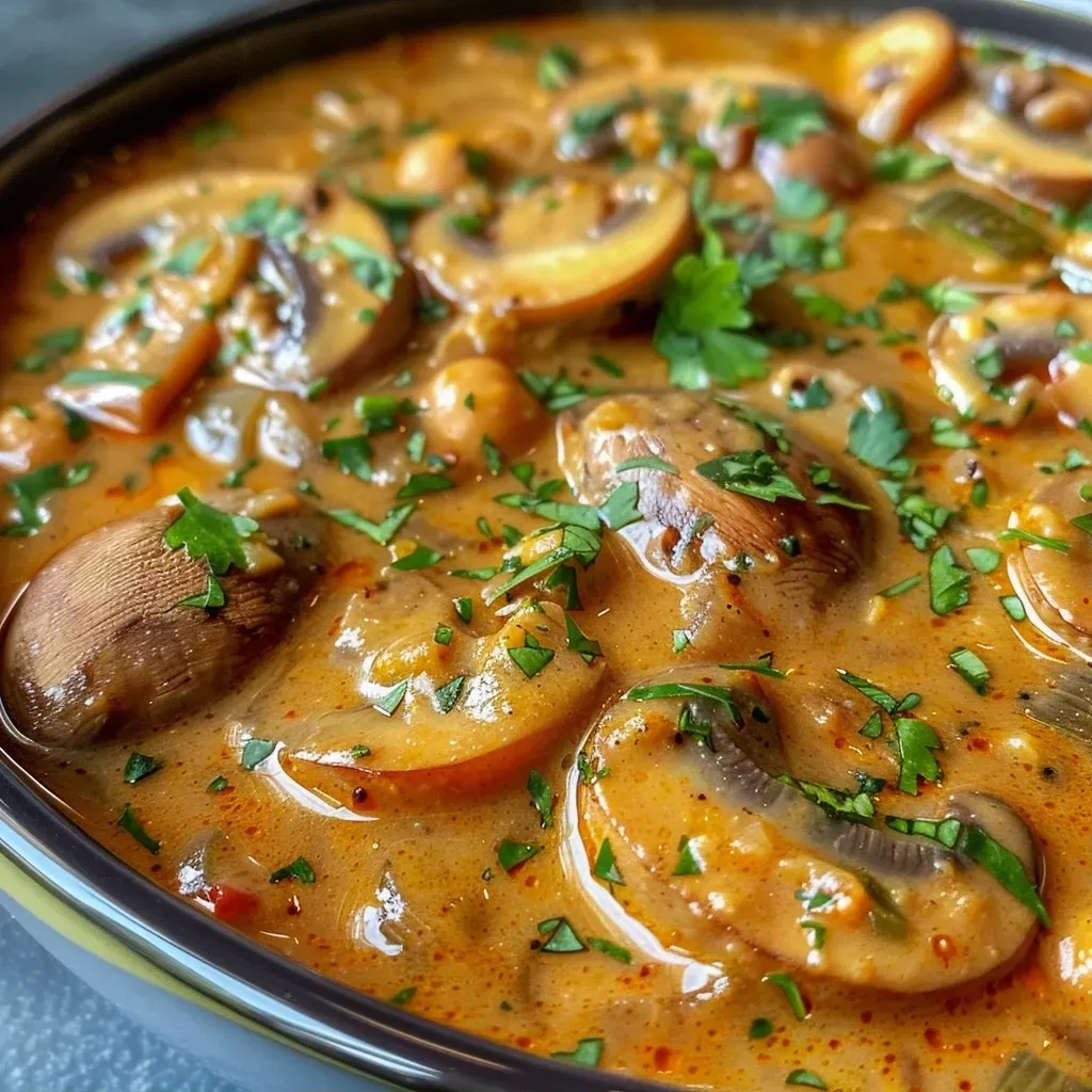 ['Curry de champiñones servido en un plato, con ingredientes frescos al lado.', 'Primer plano de un delicioso curry de champiñones, mostrando su textura cremosa.', 'Estilo de vida saludable con un curry de champiñones, listo para disfrutar.', 'Tazón de curry de champiñones, resaltando los colores vibrantes de los ingredientes.']