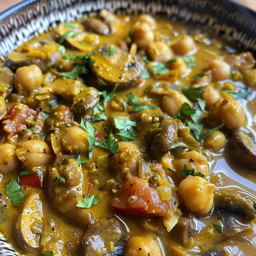 Curry de champiñones servido en un plato, con ingredientes frescos al lado.