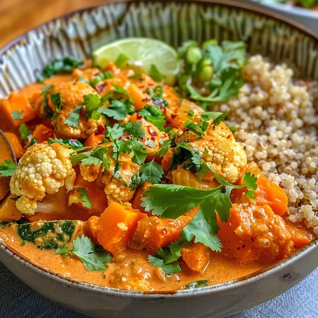 Curry de coliflor y calabaza servido en un tazón.