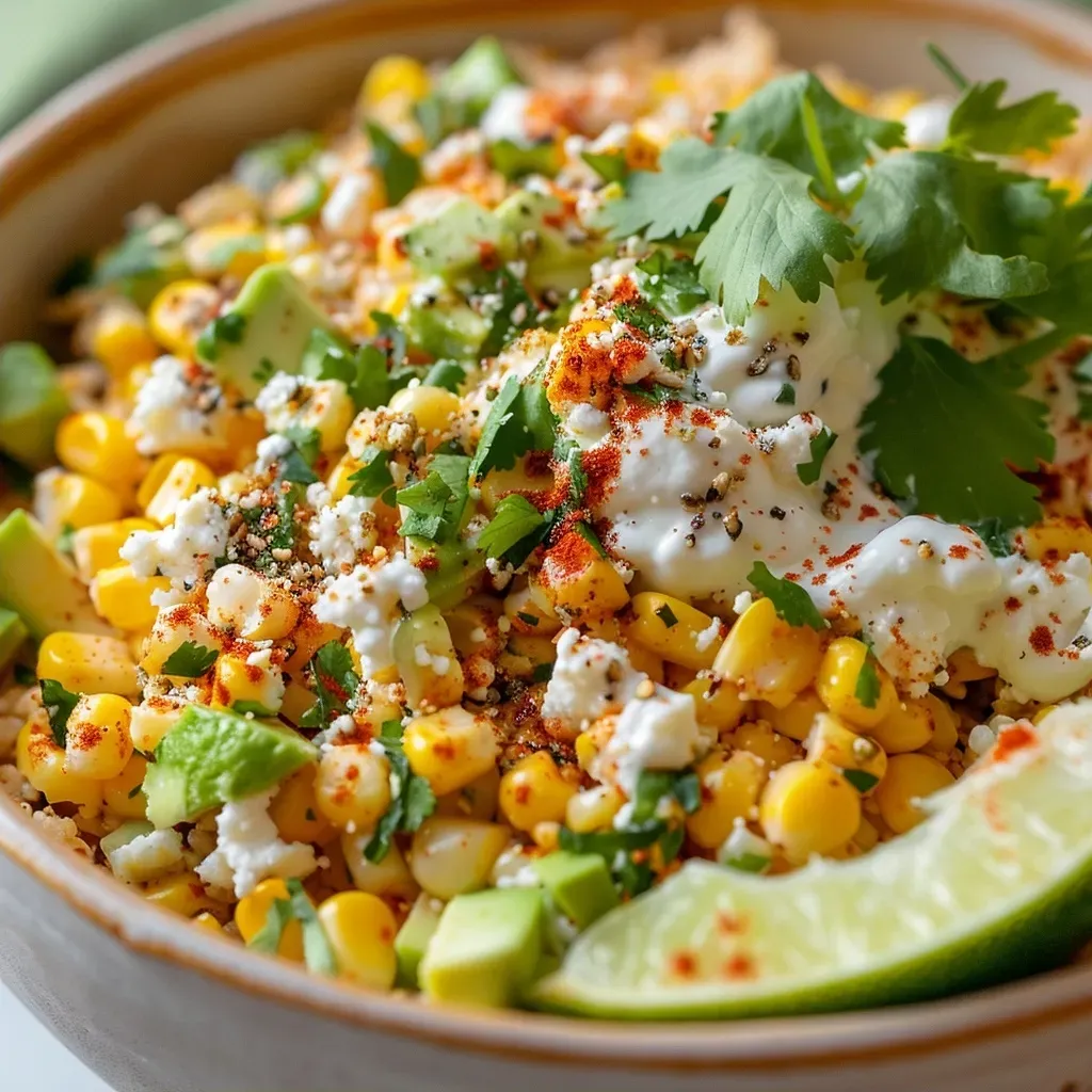 Tazón de elote alto en proteínas con maíz y ingredientes frescos.