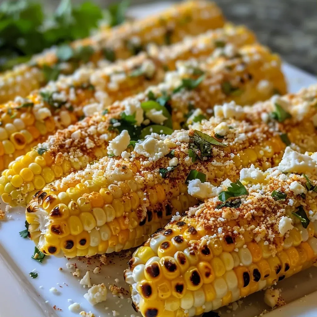 ['Elotes mexicanos saludables cubiertos con cilantro y queso.', 'Mazorcas de maíz asadas con salsa de Tajín y queso Cotija.', 'Detalle de elotes preparados con ingredientes frescos y coloridos.', 'Close-up de elotes con gremolata y especias tradicionales.']