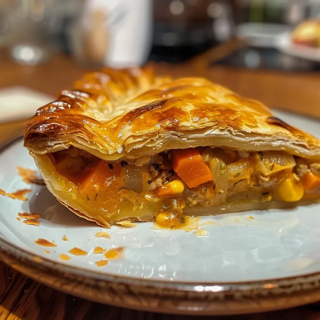 ['Empanada de pavo con ingredientes frescos en primer plano.', 'Vista lateral de un Turkey Pot Pie dorado y apetitoso.', 'Detalle de una empanada de pavo llena de verduras y carne.', 'Porción de Turkey Pot Pie con una corteza crujiente y jugosa.']