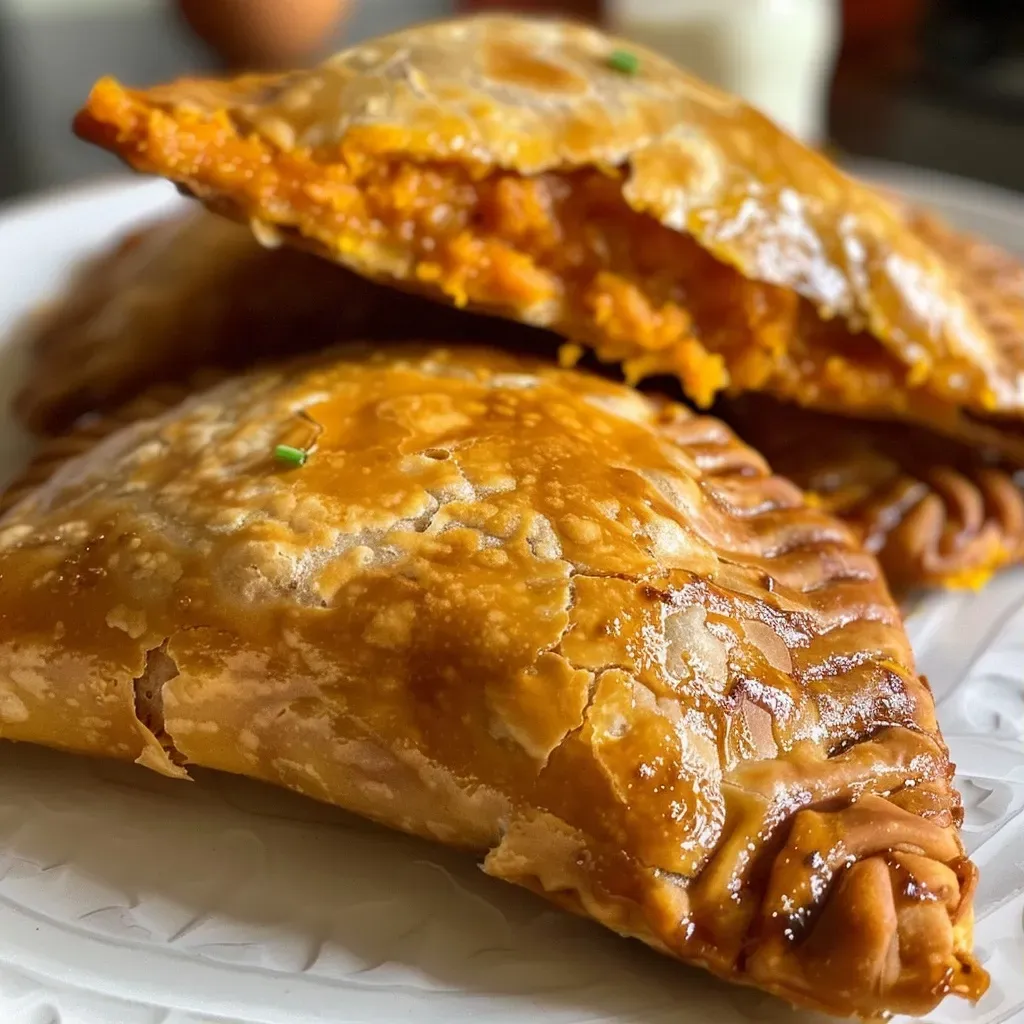 ['Empanadas de calabaza sin gluten en primer plano.', 'Detalle de empanadas de calabaza recién horneadas y doradas.', 'Vista lateral de empanadas de calabaza sobre una superficie de madera.', 'Empanadas de calabaza sin gluten con relleno jugoso.']
