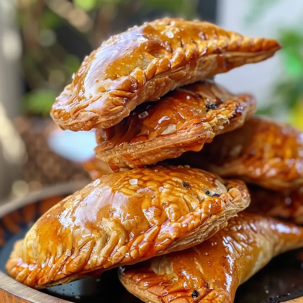 ['Empanadas de pera recién horneadas en un plato.', 'Primer plano de empanadas de pera doradas y crujientes.', 'Vista lateral de empanadas de pera con un relleno jugoso.', 'Empanadas de pera servidas en una mesa lista para degustar.']