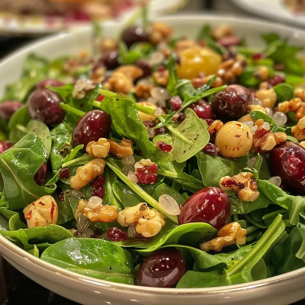 ['Ensalada otoñal con granada, espinacas y nueces.', 'Plato de ensalada fresca con granos de granada y nueces.', 'Ensalada de espinacas, nueces y granada presentada en un bol.', 'Close up de ensalada otoñal con ingredientes coloridos.']
