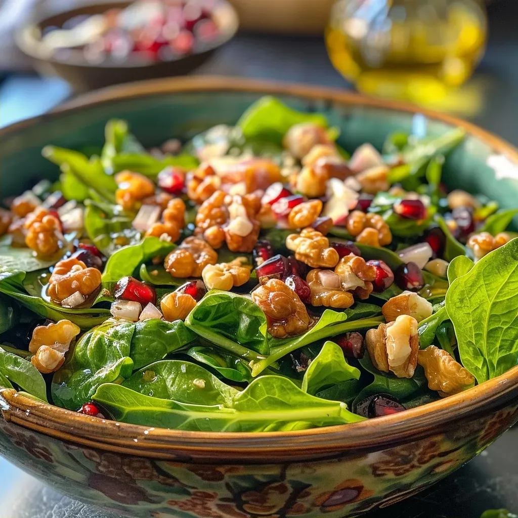 Ensalada otoñal con granada, espinacas y nueces.