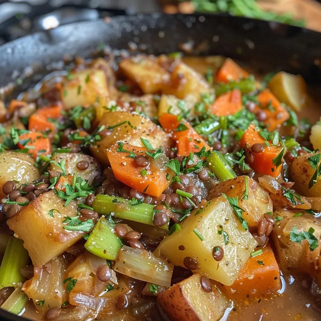 ['Estofado vegano de lentejas en un tazón.', 'Primer plano de un estofado de lentejas con verduras frescas.', 'Plato de lentejas veganas cocinadas con hierbas.', 'Estofado vegano de lentejas servido con espinacas.']