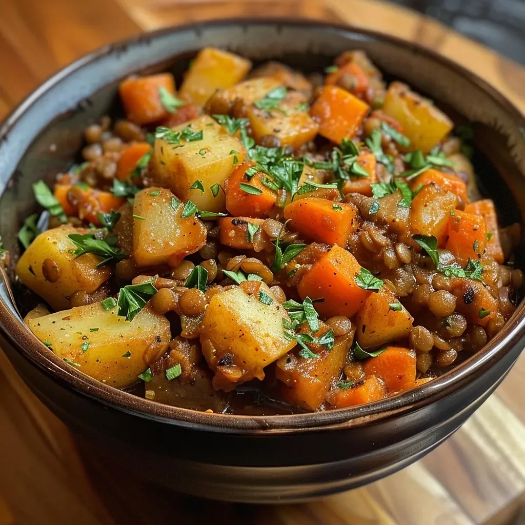 Estofado vegano de lentejas en un tazón.