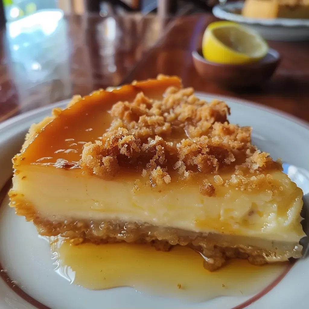 ['Flan y crumble de cítricos en primer plano.', 'Vista lateral de un flan con crumble de cítricos.', 'Detalle de flan de huevo y crumble de naranja y limón.', 'Postre de flan y crumble con frutas cítricas.']