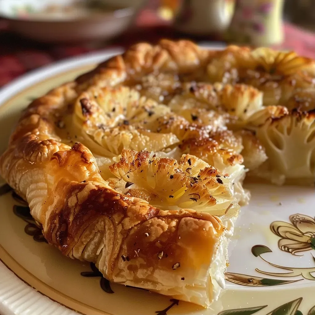 ['Galette de coliflor con labneh, harissa y pasas en un plato.', 'Primer plano de una galette de coliflor con ingredientes coloridos.', 'Vista lateral de galette de coliflor acompañada de hojas verdes.', 'Deliciosa galette de coliflor decorada con labneh y pasas.']