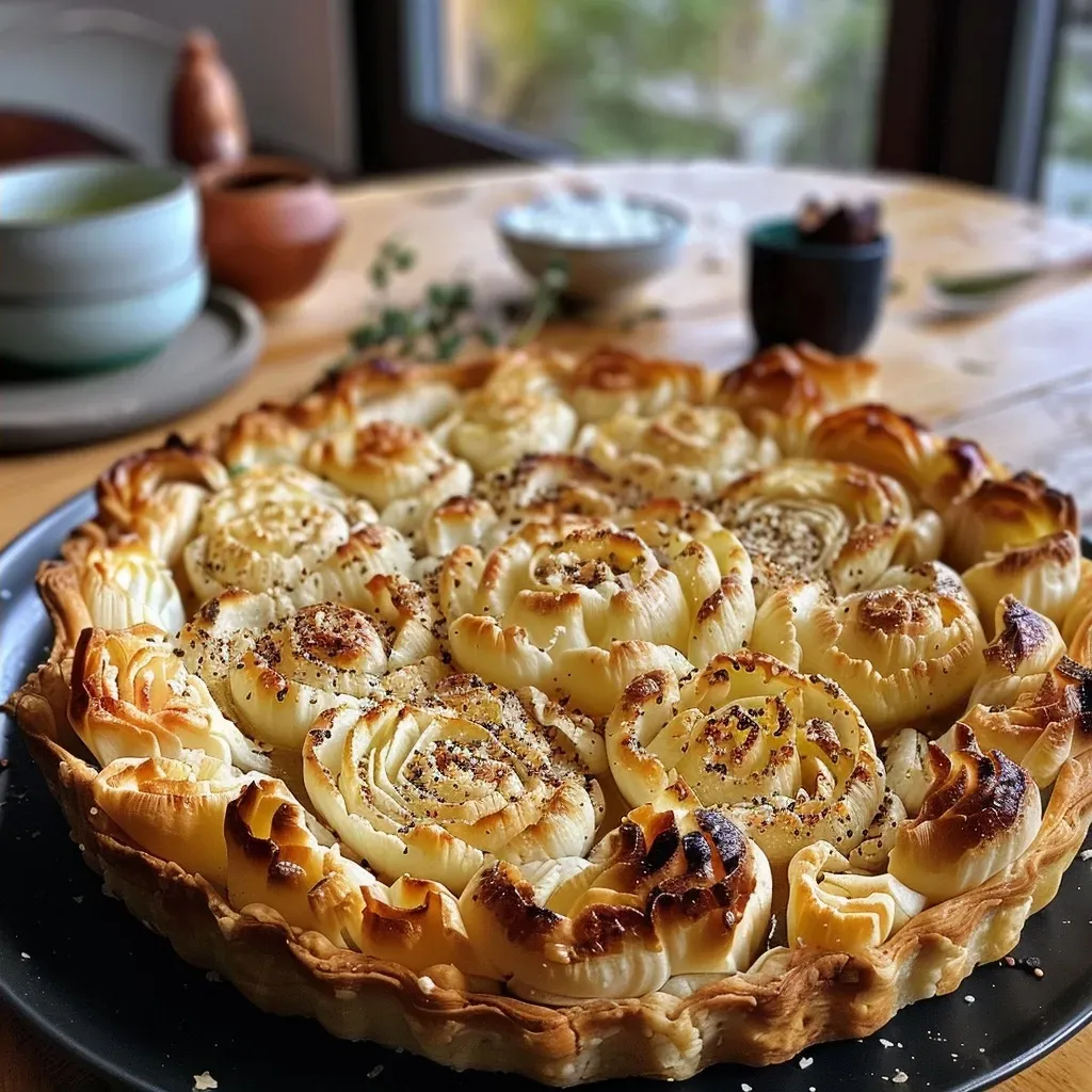 Galette de coliflor con labneh, harissa y pasas en un plato.