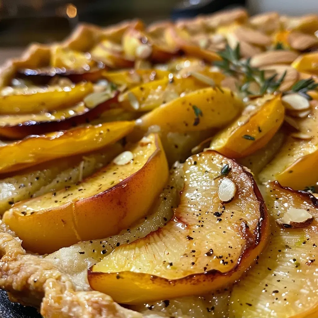 ['Galette de durazno y gouda vista lateral.', 'Detalle de una galette con duraznos y queso gouda.', 'Primer plano de una galette de durazno con hierbas.', 'Galette de durazno y gouda con corteza dorada.']