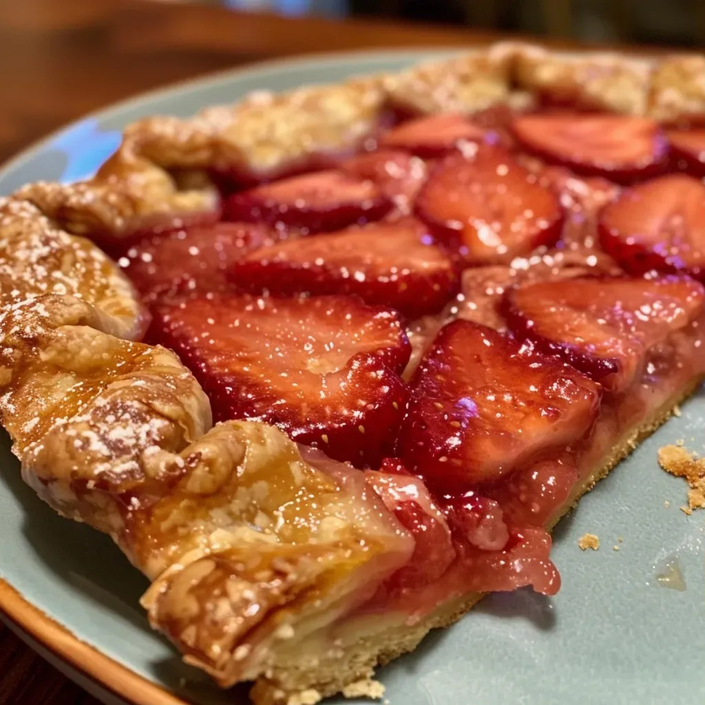 ['Galette de fresas con corteza casera, vista lateral.', 'Primer plano de una galette de fresas recién horneada.', 'Galette de fresas jugosas sobre fondo neutro.', 'Detalle de una galette de fresas con textura crujiente.']