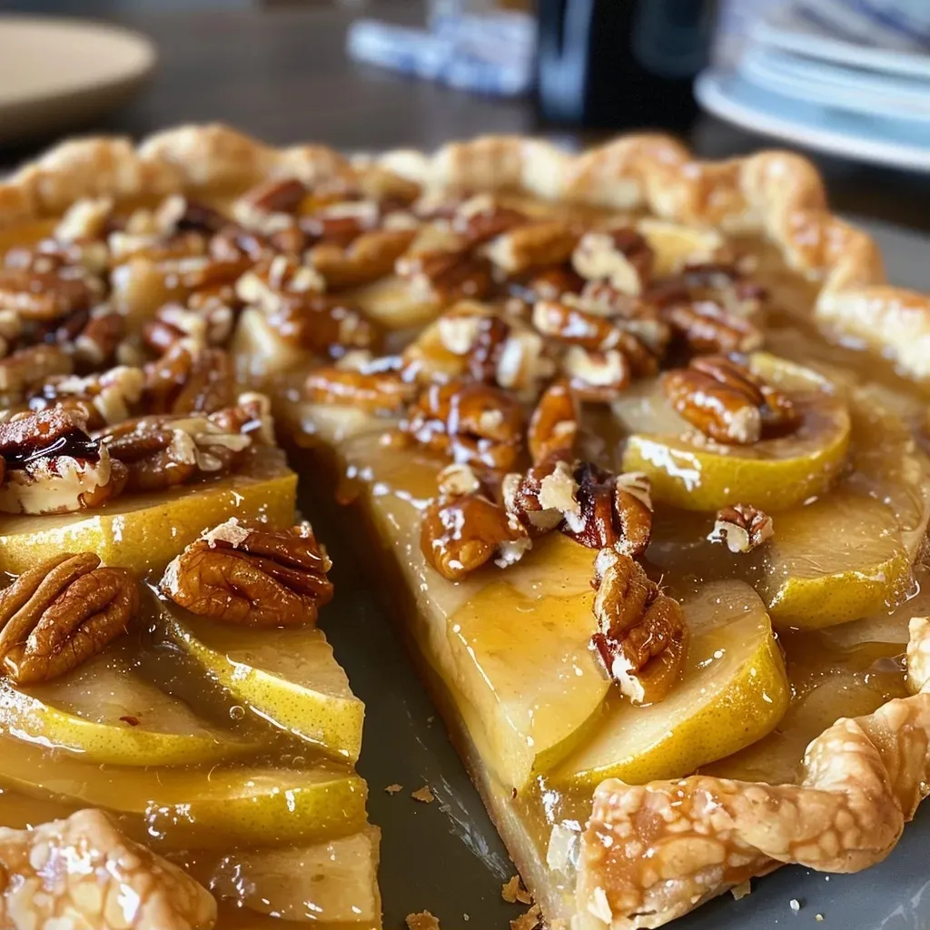 ['Galette de manzanas y nueces pecanas, vista lateral.', 'Primer plano de galette de manzanas con nueces pecanas.', 'Vista lateral de una galette de manzana y nueces pecanas jugosa.', 'Detalle de galette de manzana y nueces pecanas recién horneada.']