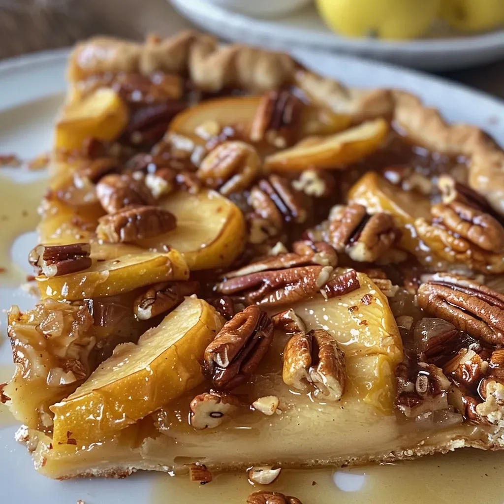 Galette de manzanas y nueces pecanas, vista lateral.