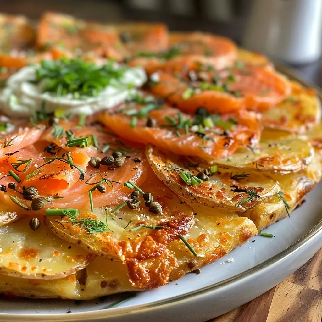 ['Galette de papa crujiente con salmón ahumado y crème fraîche.', 'Primer plano de galette de papa con salmón y crema.', 'Detalle de galette de papa con ingredientes frescos.', 'Vista lateral de galette de papa con salmón ahumado.']