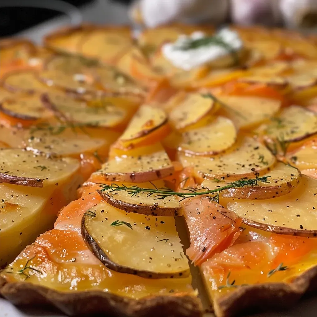 Galette de papa crujiente con salmón ahumado y crème fraîche.