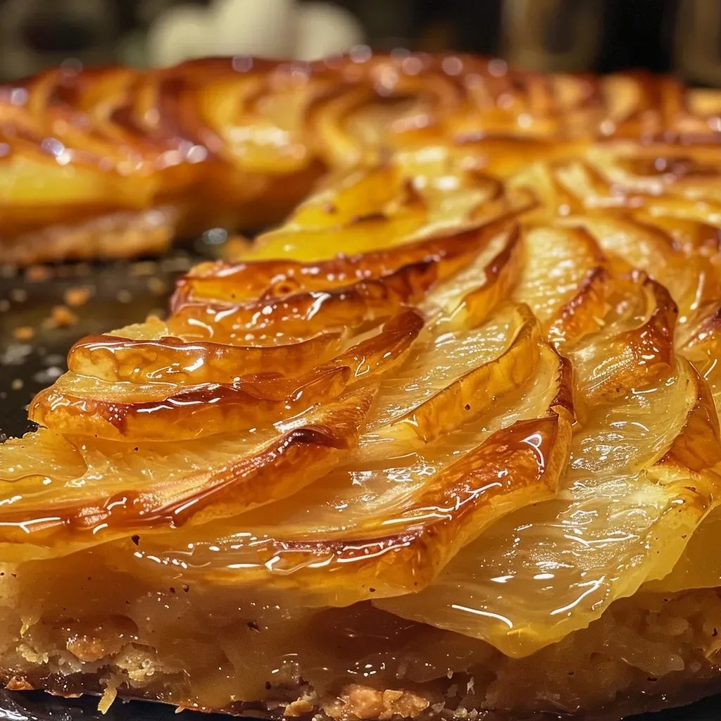 ['Galette de pera con un borde dorado y jugosas rodajas de pera en el centro.', 'Vista lateral de una galette de pera, mostrando su crujiente corteza y relleno.', 'Primer plano de una galette de pera recién horneada, decorada con azúcar.', 'Deliciosa galette de pera en una bandeja, lista para disfrutar.']