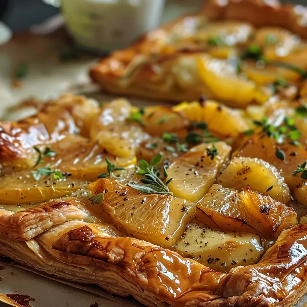 Galette de pera con un borde dorado y jugosas rodajas de pera en el centro.