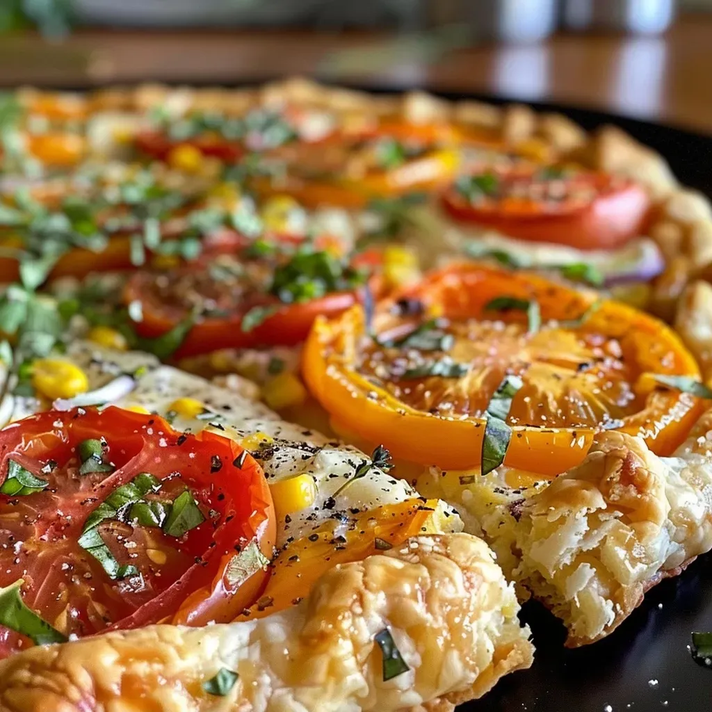 ['Galette de tomate y maíz con ingredientes frescos.', 'Primer plano de una galette de tomate y maíz en un plato.', 'Deliciosa galette de tomate y maíz lista para servir.', 'Vista lateral de una galette de tomate y maíz recién horneada.']