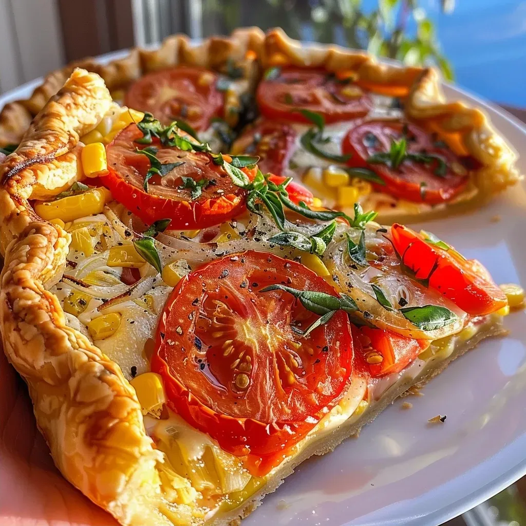 Galette de tomate y maíz con ingredientes frescos.