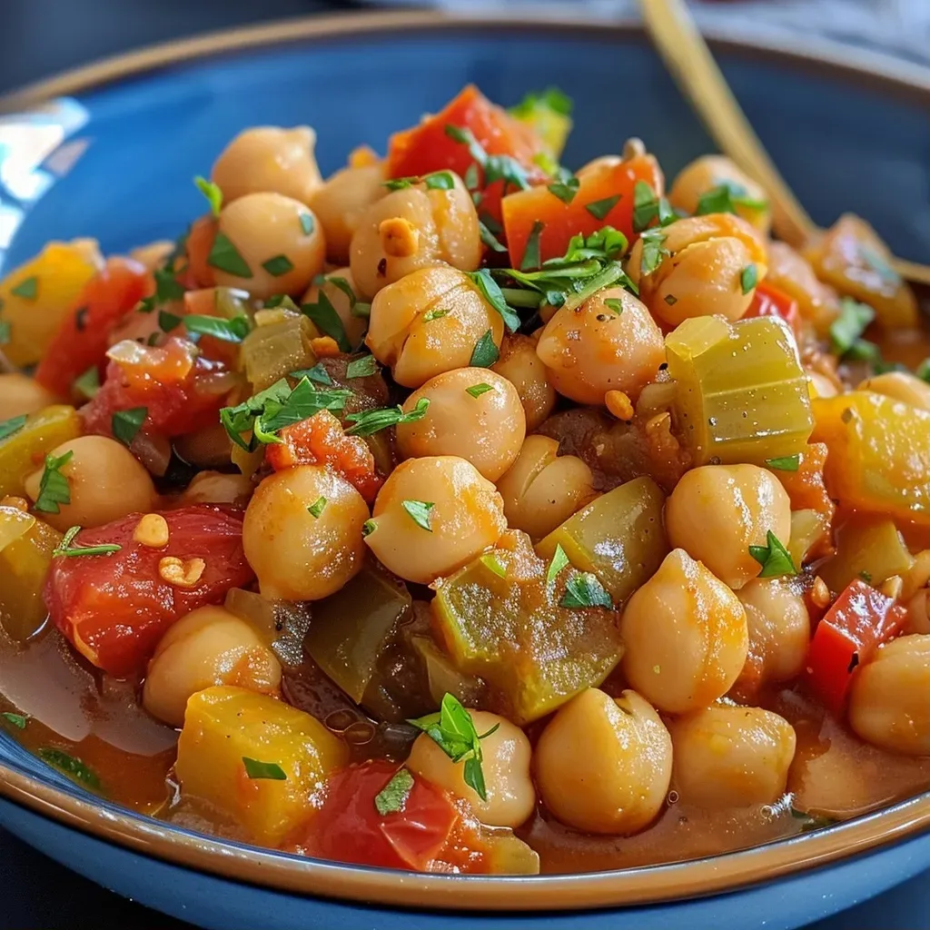['Plato de garbanzos con verduras cocidos en olla de cocción lenta.', 'Garbanzos con verduras en un tazón, visto de lado.', 'Primer plano de garbanzos y verduras en la Crockpot.', 'Olla de cocción lenta con garbanzos y verduras coloridas.']