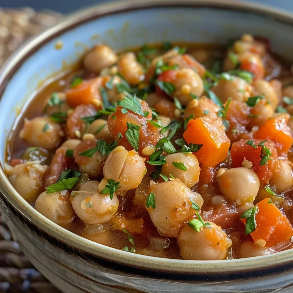 Plato de garbanzos con verduras cocidos en olla de cocción lenta.