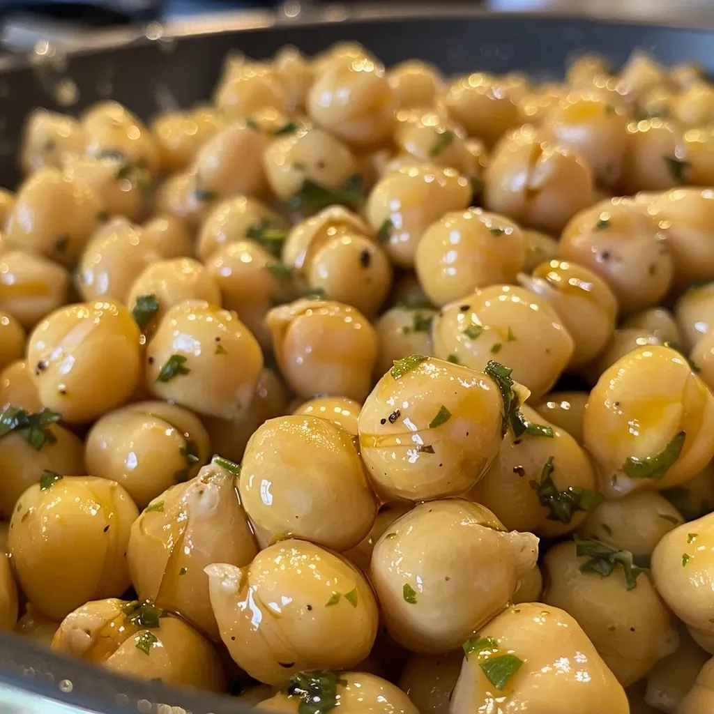 Garbanzos dorados en sartén, crujientes y jugosos.