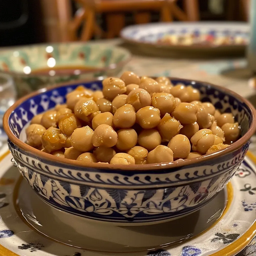 ['Primer plano de garbanzos en miel, un postre guatemalteco.', 'Tazón de garbanzos endulzados con miel y especias.', 'Garbanzos en miel, decorados con canela y jengibre.', 'Delicioso postre de garbanzos en miel, típico de Guatemala.']
