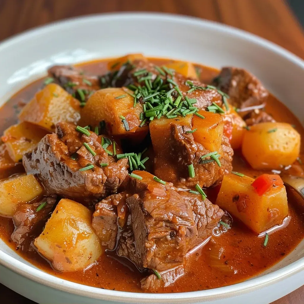 Goulash tradicional servido en un plato, mostrando su textura jugosa.