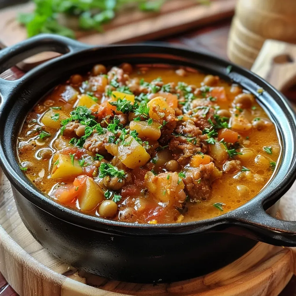 Guiso de lentejas con verduras y carne.