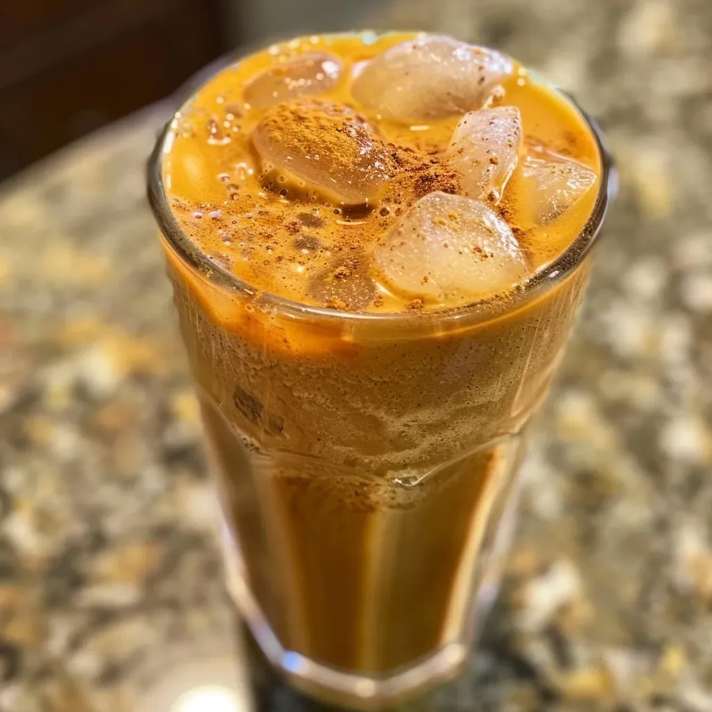 ['Vaso de Iced Pumpkin Latte con crema batida y especias.', 'Primer plano de un Iced Pumpkin Latte decorado.', 'Bebida fría de café con puré de calabaza y especias.', 'Iced Pumpkin Latte servido con hielo y especias en la parte superior.']
