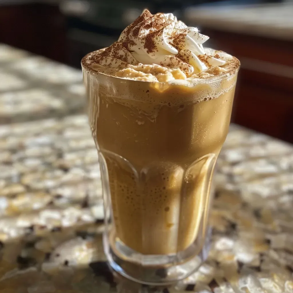 Vaso de Iced Pumpkin Latte con crema batida y especias.