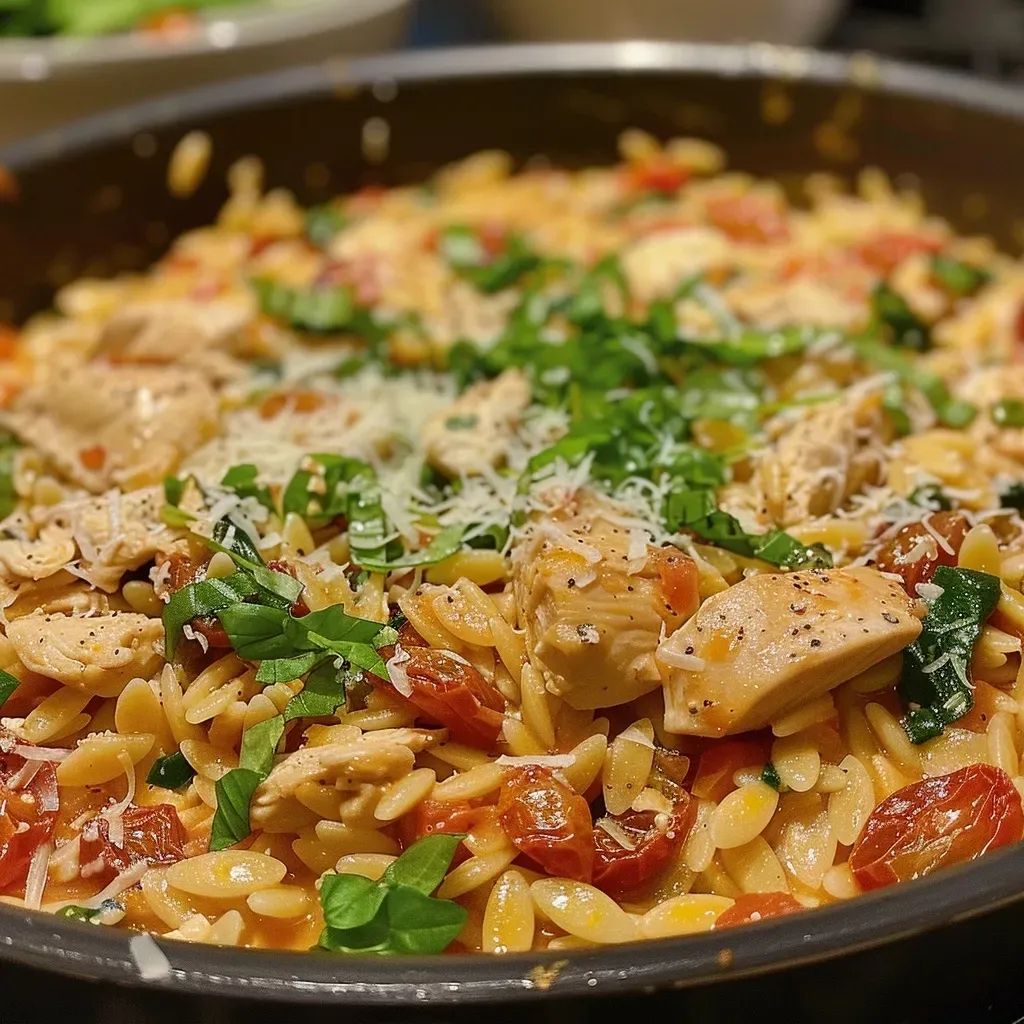 ['Plato de Marry Me Chicken Orzo One Pot, mostrando ingredientes frescos.', 'Close up de un delicioso Marry Me Chicken Orzo One Pot servido en un plato.', 'Vista lateral del Marry Me Chicken Orzo One Pot, con ingredientes visibles.', 'Detalle de un plato de Marry Me Chicken Orzo One Pot, con colores vibrantes.']