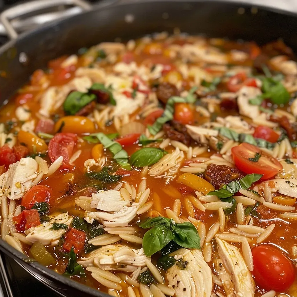 Plato de Marry Me Chicken Orzo One Pot, mostrando ingredientes frescos.
