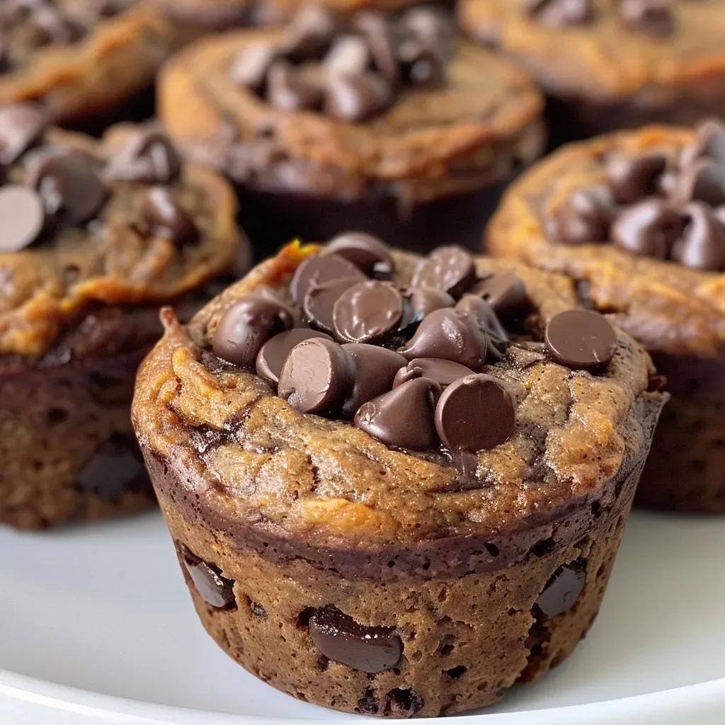 ['Muffins de batata y chocolate chip en primer plano.', 'Vista lateral de muffins jugosos de batata con trozos de chocolate.', 'Deliciosos muffins de batata y chispas de chocolate sobre una mesa.', 'Muffins de batata decorados con chispas de chocolate en la parte superior.']
