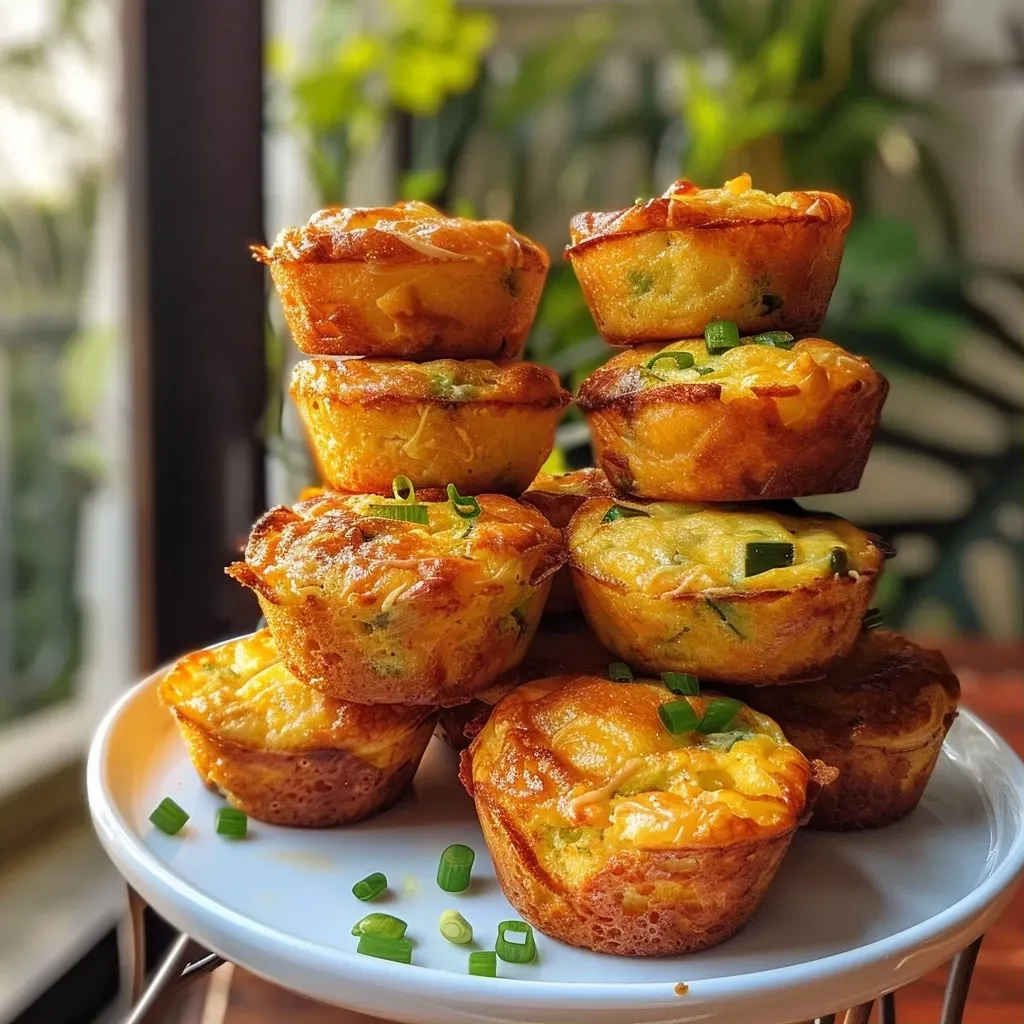 ['Muffins de calabacín recién horneados en un plato.', 'Vista lateral de muffins de calabacín, esponjosos y dorados.', 'Muffins de calabacín con trozos de queso cheddar visibles.', 'Unos muffins de calabacín servidos en una mesa de madera.']