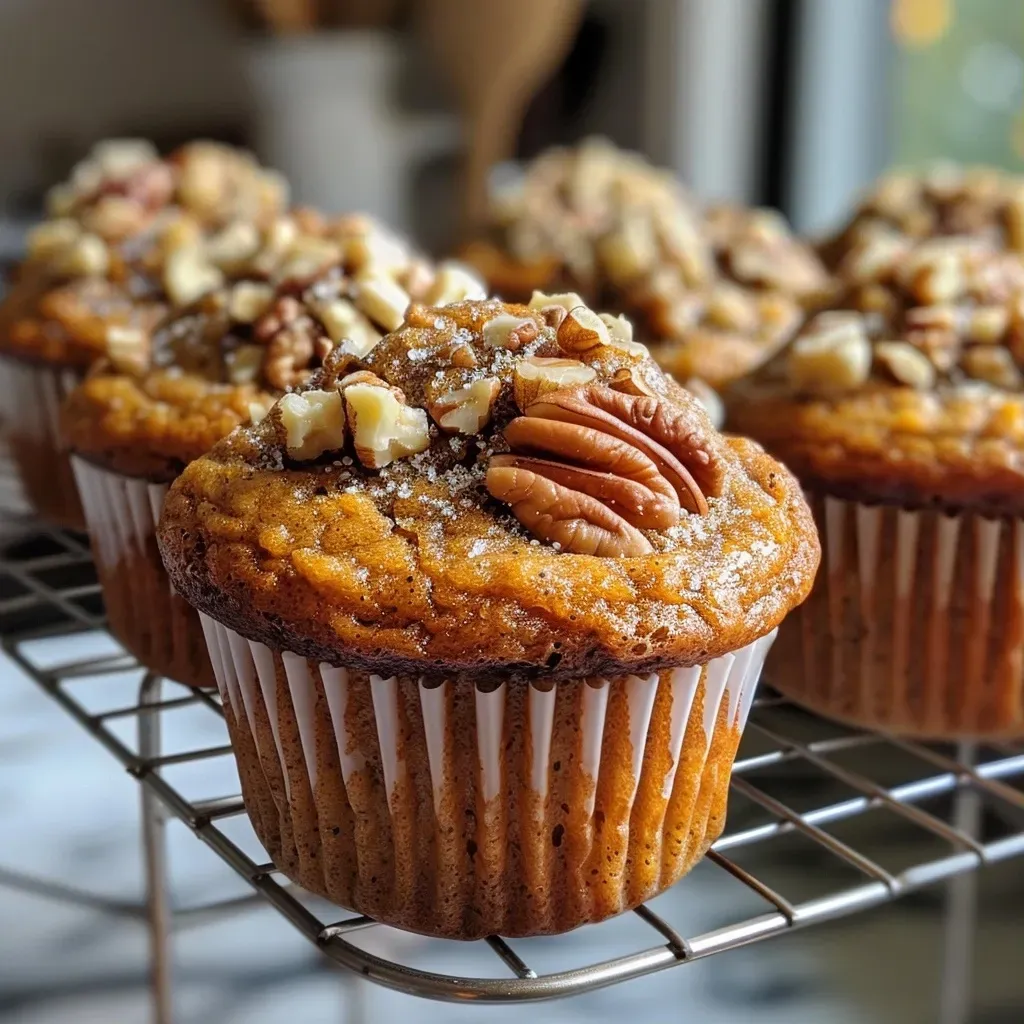 ['Muffins de calabaza especiados con nuez en primer plano.', 'Vista lateral de muffins de calabaza con trozos de nuez.', 'Detalle de muffins de calabaza y nuez en una mesa.', 'Muffins esponjosos de calabaza y nueces, listos para degustar.']