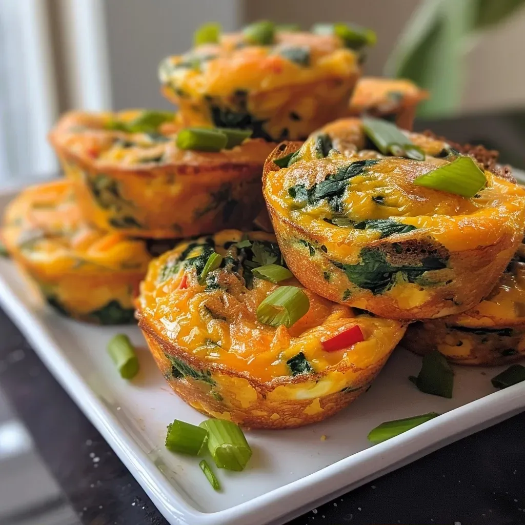 ['Muffins de huevo rellenos de vegetales coloridos.', 'Tazón con muffins de huevo con espinacas y pimientos.', 'Primer plano de muffins de huevo cargados de verduras.', 'Muffins de huevo esponjosos con ingredientes frescos.']