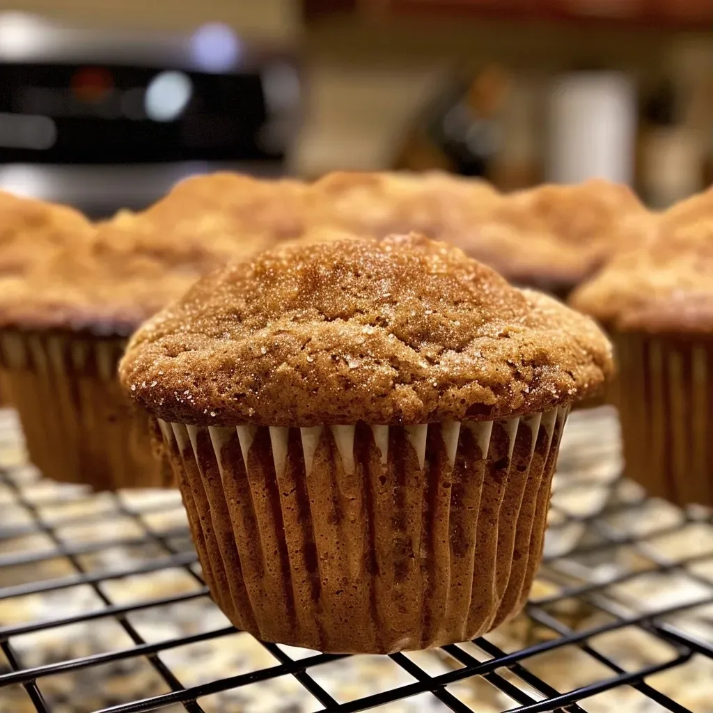 ['Muffins de jengibre con cobertura de streusel vistos de cerca.', 'Detalle lateral de muffins de jengibre recién horneados.', 'Vista cercana de esponjosos muffins de jengibre con topping crujiente.', 'Muffins de jengibre con streusel, mostrando su textura jugosa.']