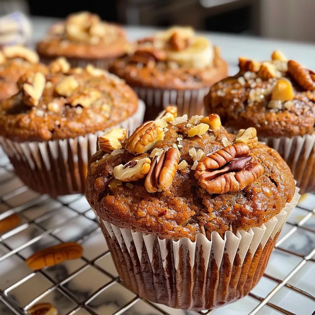 ['Muffins de plátano y nueces con textura esponjosa y dorada.', 'Vista lateral de muffins de plátano y nueces listos para ser degustados.', 'Detalle de muffins de plátano y nueces, mostrando su humedad y esponjosidad.', 'Imagen de muffins de plátano y nueces recién horneados en un plato.']