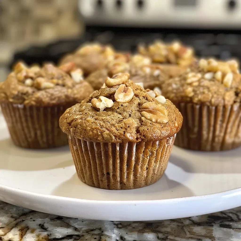 Muffins de proteína de canela, con textura esponjosa y trozos visibles de nueces y pasas.