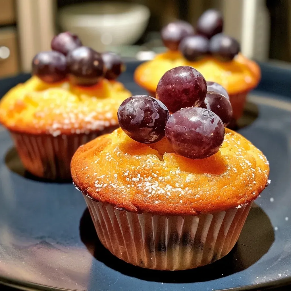 ['Muffins de uva frescos y jugosos en primer plano.', 'Vista lateral de muffins de uva recién horneados.', 'Detalle de muffins de uva, dorados y esponjosos.', 'Muffins de uva con textura suave y apetecible.']