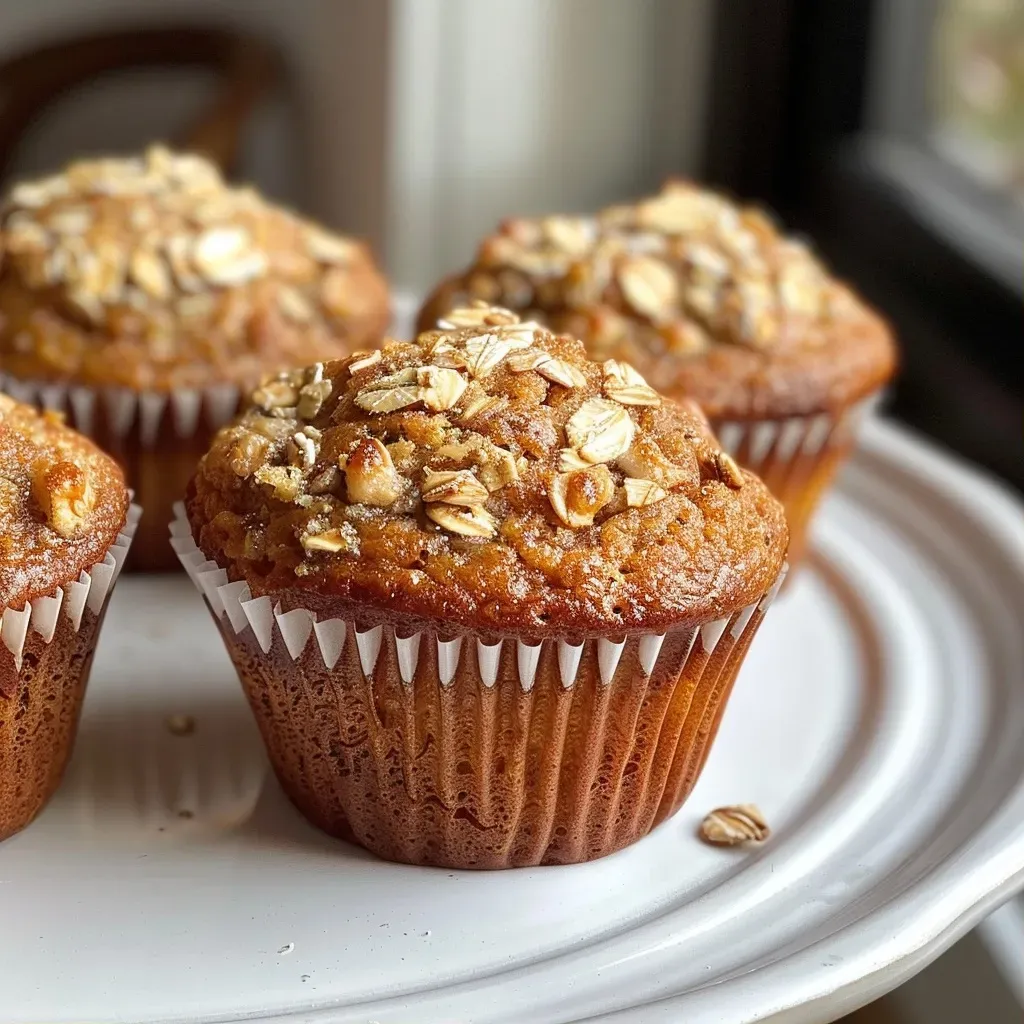 ['Muffins saludables de avena y manzana en un plato.', 'Primer plano de muffins de avena y manzana recién horneados.', 'Muffins de avena y manzana dispuestos en una bandeja.', 'Vista lateral de muffins saludables de avena y manzana.']