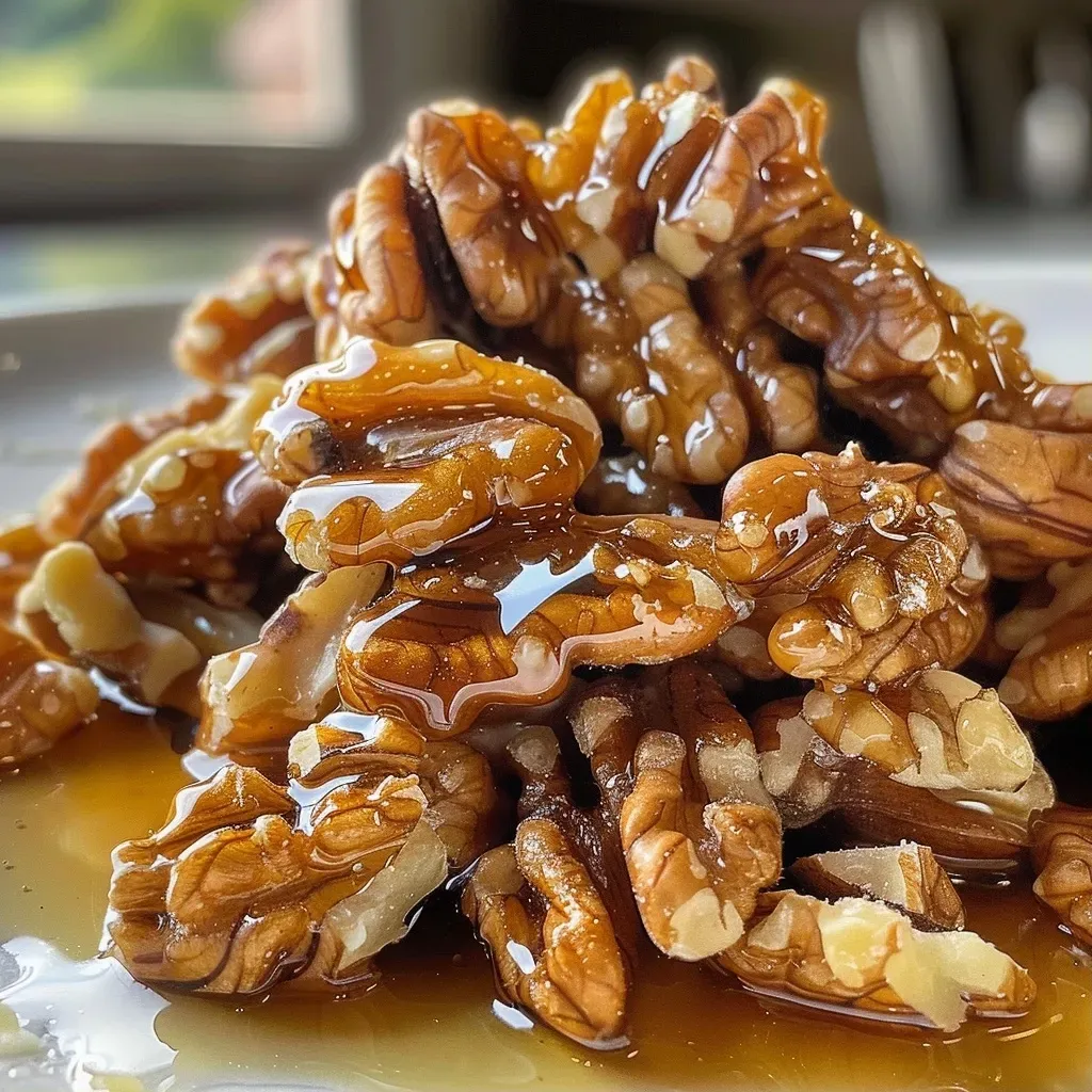 ['Nueces cubiertas con jarabe de arce en un plato.', 'Detalle de nueces glaseadas con jarabe de arce.', 'Primer plano de nueces con sirope de arce.', 'Nueces caramelizadas con jarabe de arce en una superficie clara.']
